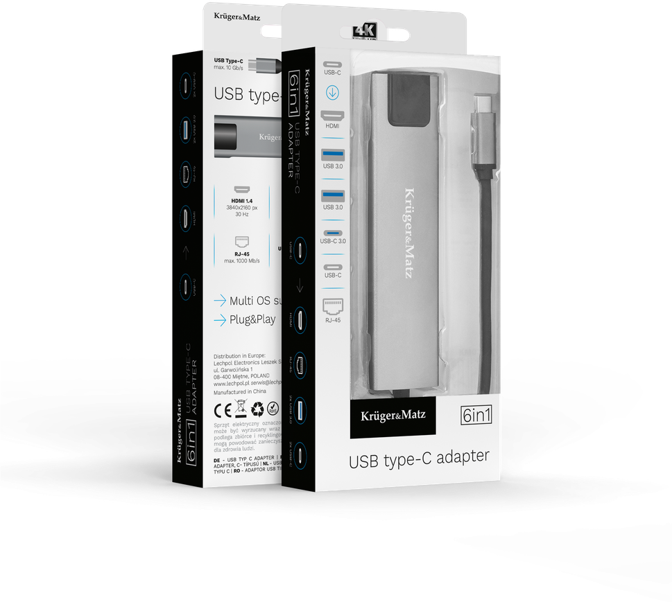 Kruger & Matz Adapteris (šakotuvas) USB C tipo į HDMI / 2x USB3.0 / 2x USB C tipo / RJ45