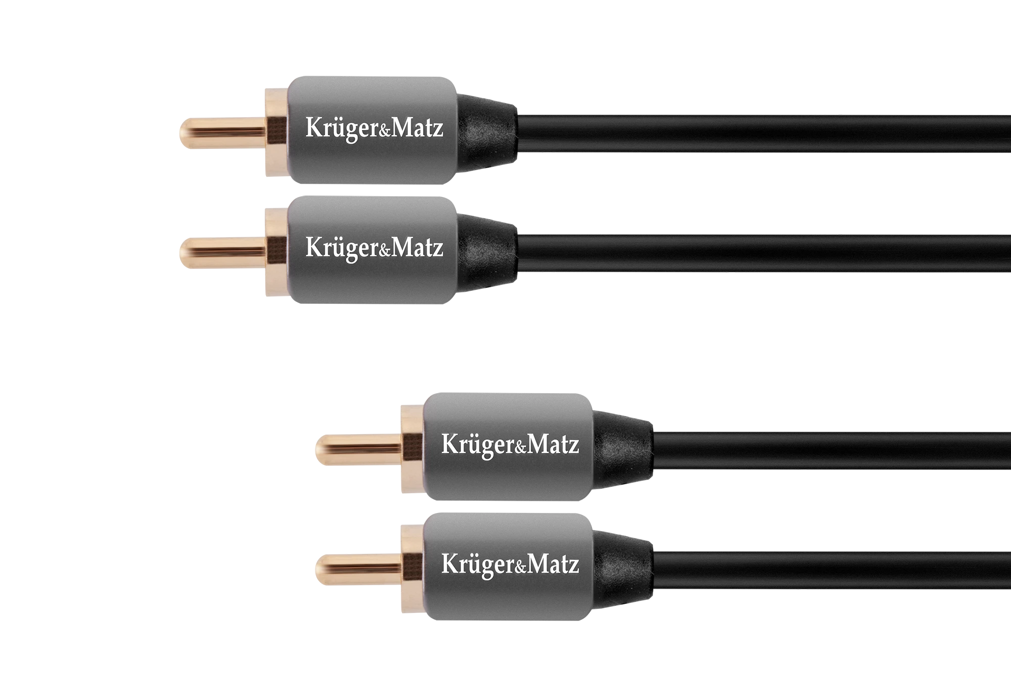 RCA garso kabelio jungtys su Kruzer & Matz logotipais