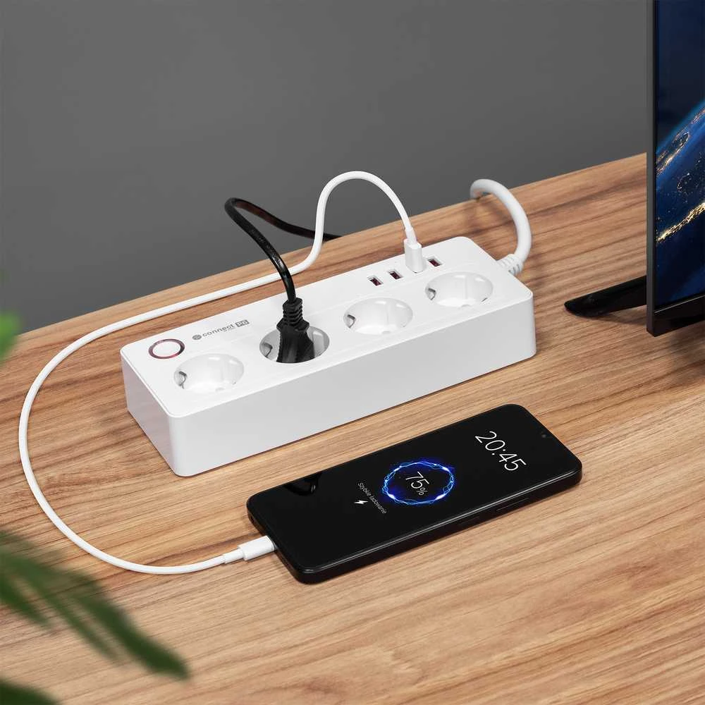 Kruger & Matz Listwa KrugerMatz maitinimo blokas, 4 vokiški lizdai ir 4xUSB 2100 mA, Connect P6 Tuya
