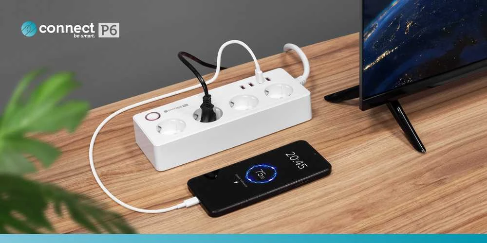 Kruger & Matz Listwa KrugerMatz maitinimo blokas, 4 vokiški lizdai ir 4xUSB 2100 mA, Connect P6 Tuya