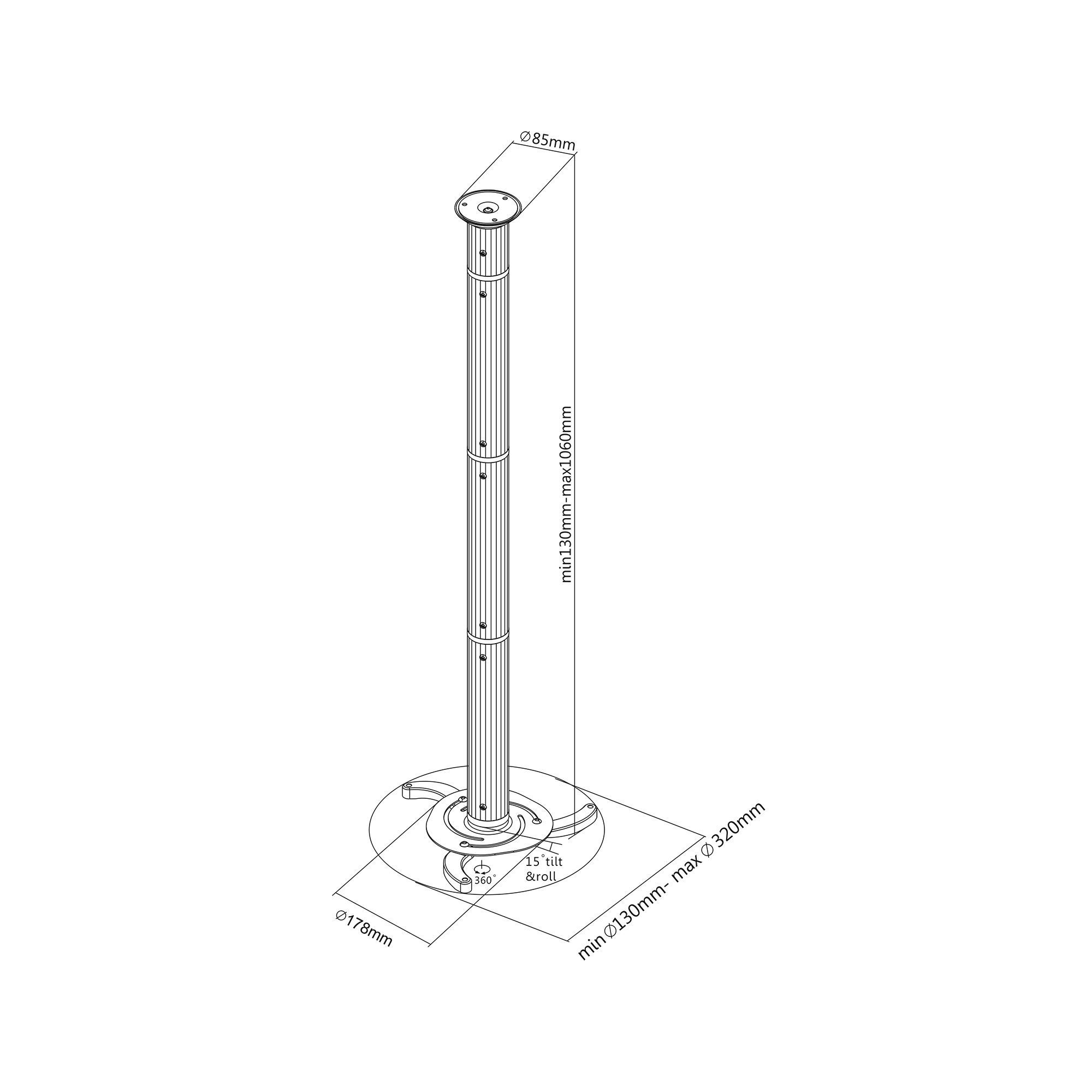 Cabletech Projektoriaus lubinis laikiklis, reguliuojamas aukštis 130-1060mm (maks. 10kg)