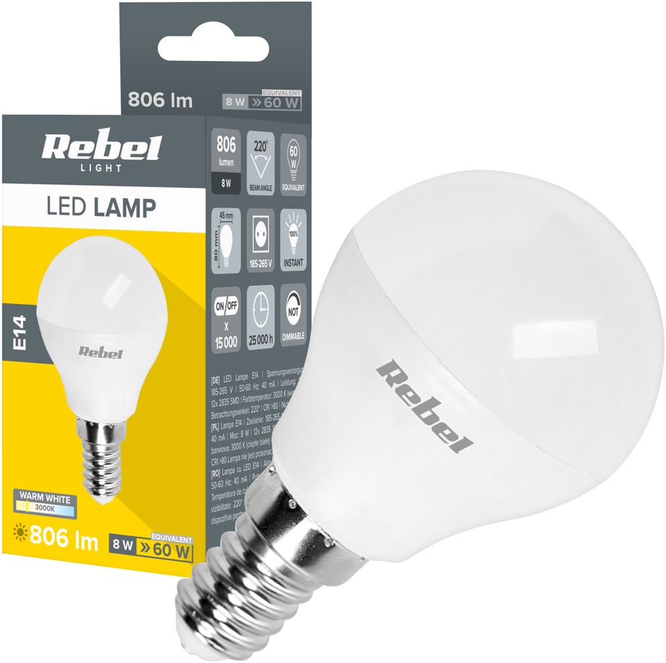 Led lempa Rebel G45, 8W, E14, 3000K, 230V