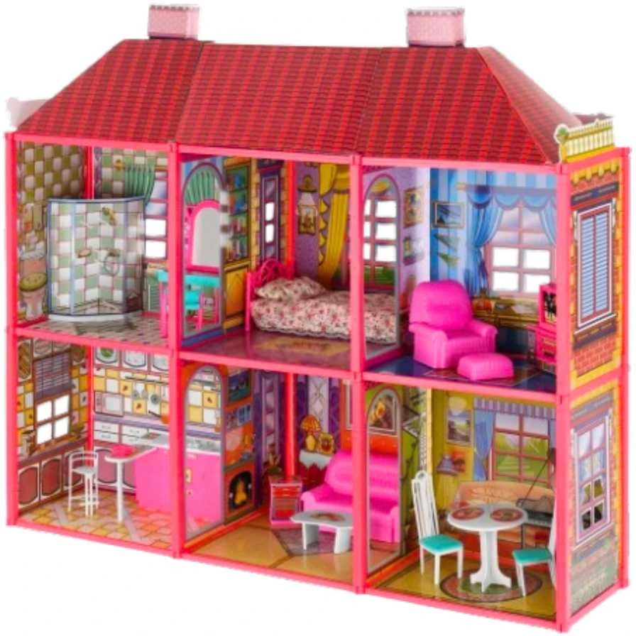 Lean Toys Willa Duży Domek Dla Lalek 6 Pokoi Meble Priedai 128 el.
