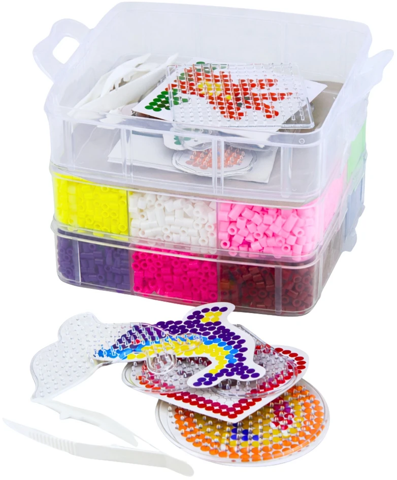 Lean Toys 9000 dalių karoliukų rinkinys su dėklu ir šablonais