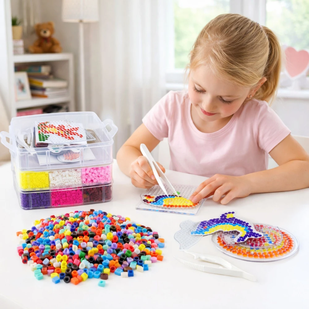 Lean Toys 9000 dalių karoliukų rinkinys su dėklu ir šablonais