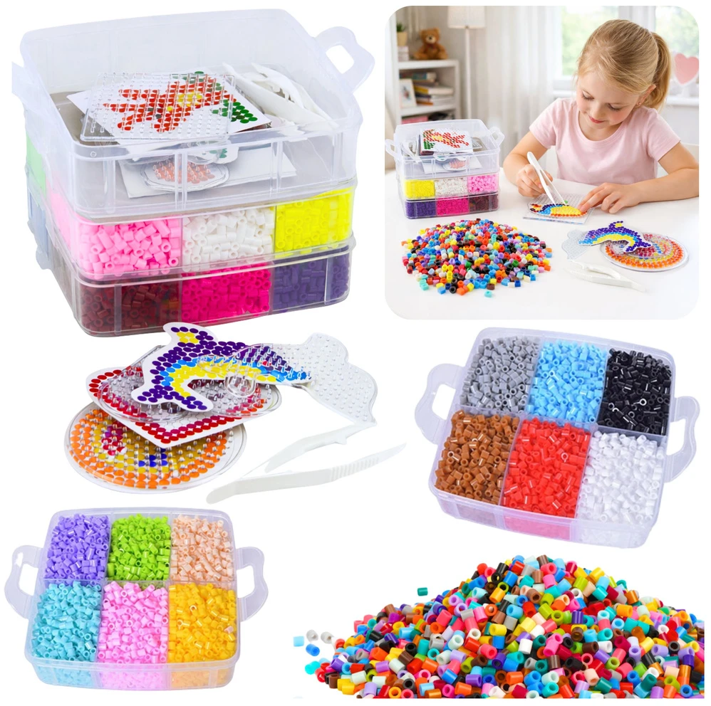 Lean Toys 9000 dalių karoliukų rinkinys su dėklu ir šablonais