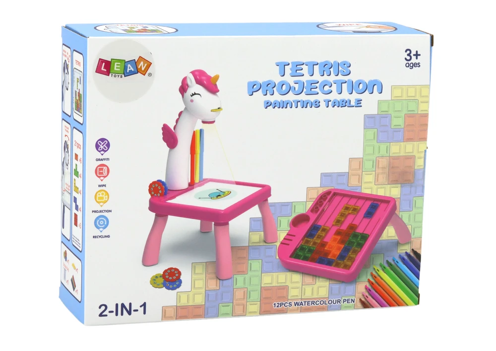 Lean Toys Mini projektorius su Tetris piešimo stalu 2in1 Mėlynas Vienaragis