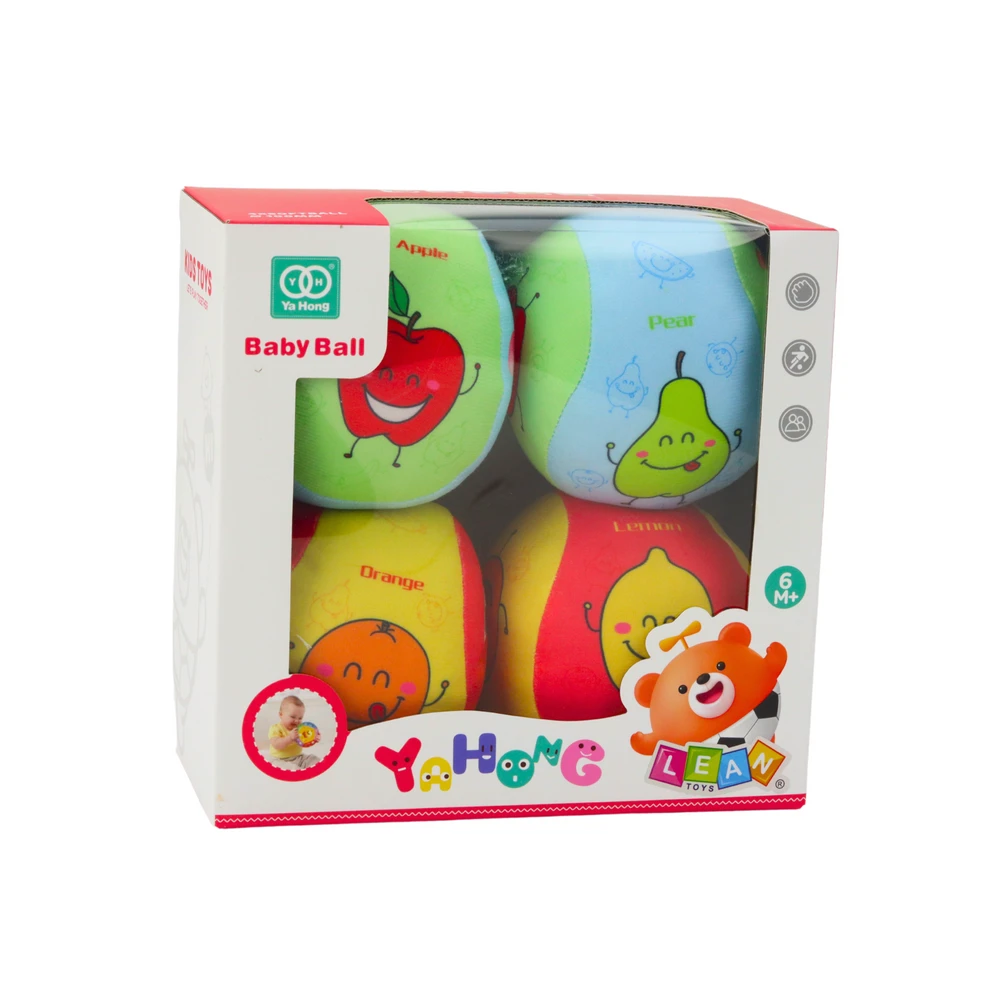 Lean Toys 4 spalvotų minkštų kamuoliukų rinkinys vaikams su vaisių raštais