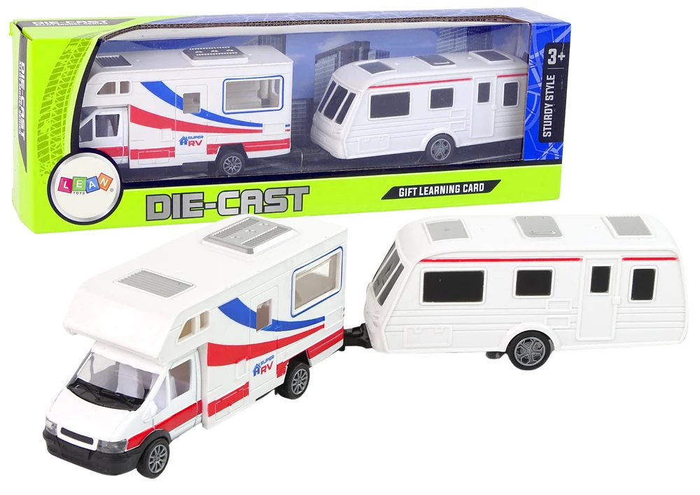 Lean Toys Kelionių automobilis su priekaba, baltas