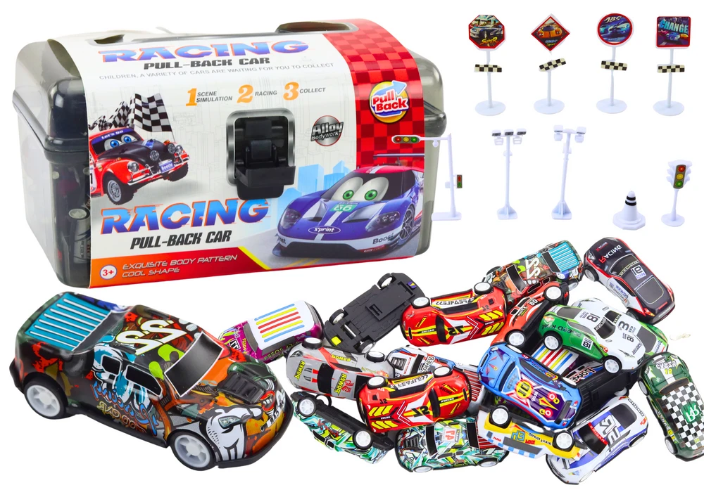 Lean Toys 25 dalių automobilių ir kelio ženklų rinkinys lagamine