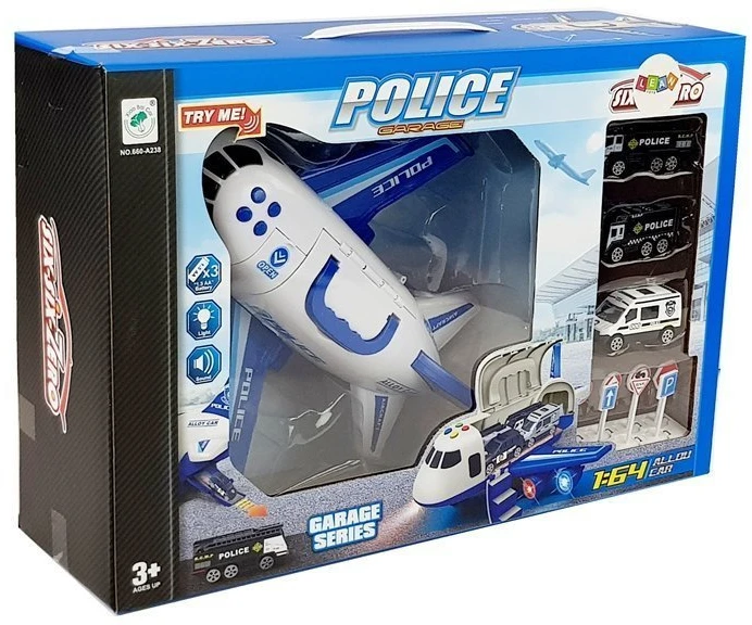 Lean Toys Sulankstomas policijos lėktuvas su automobiliais 1:64 su šviesomis ir garsu