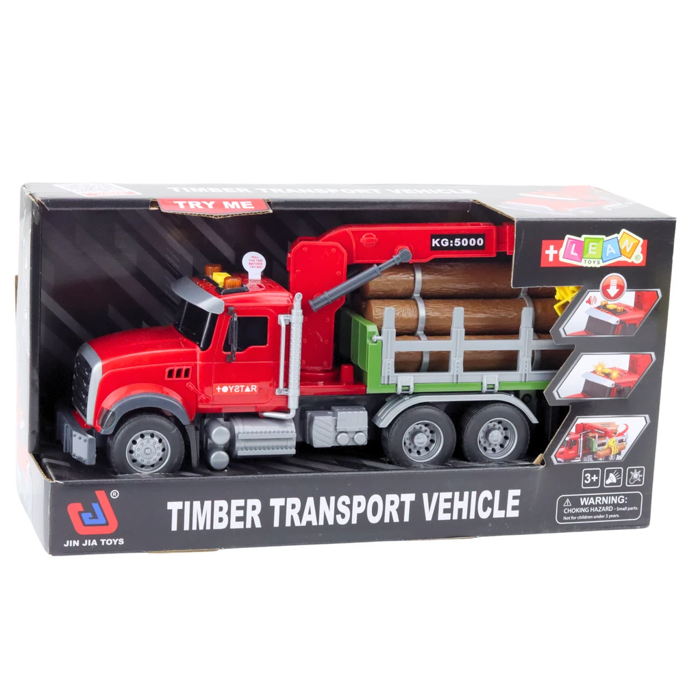 Lean Toys Raudona medienos gabenimo sunkvežimio žaislas su kranu 1:14