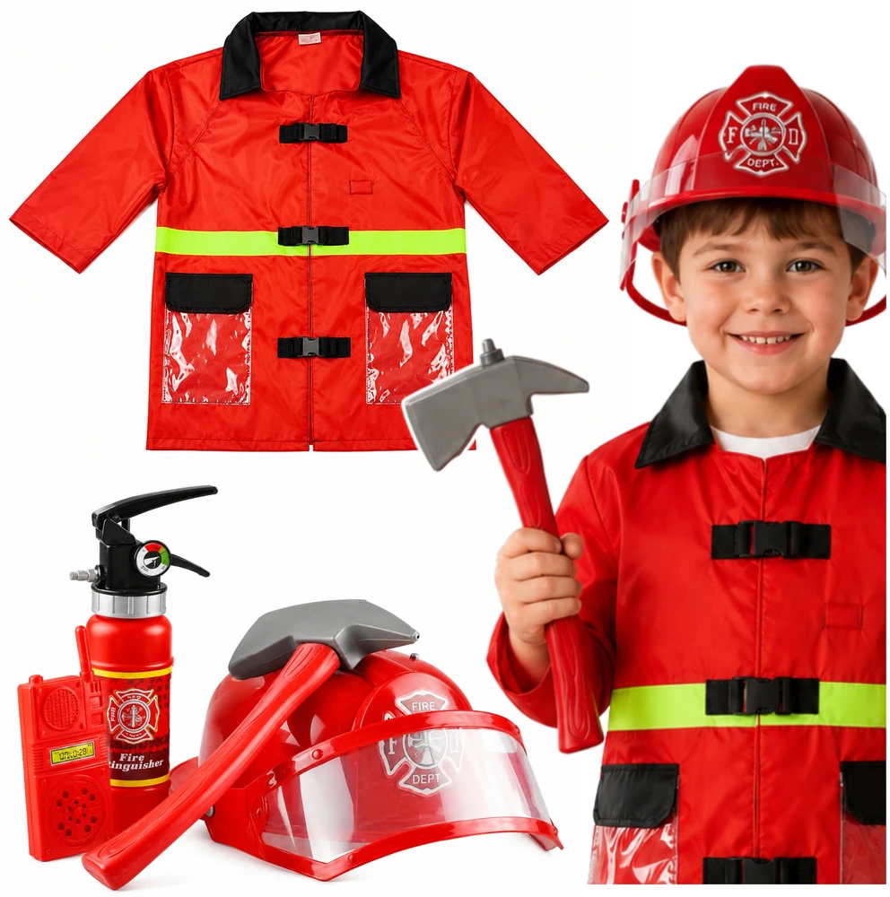 Lean Toys Tikras ugniagesio kostiumas vaikams Šalmas gesintuvo priedai Raudona