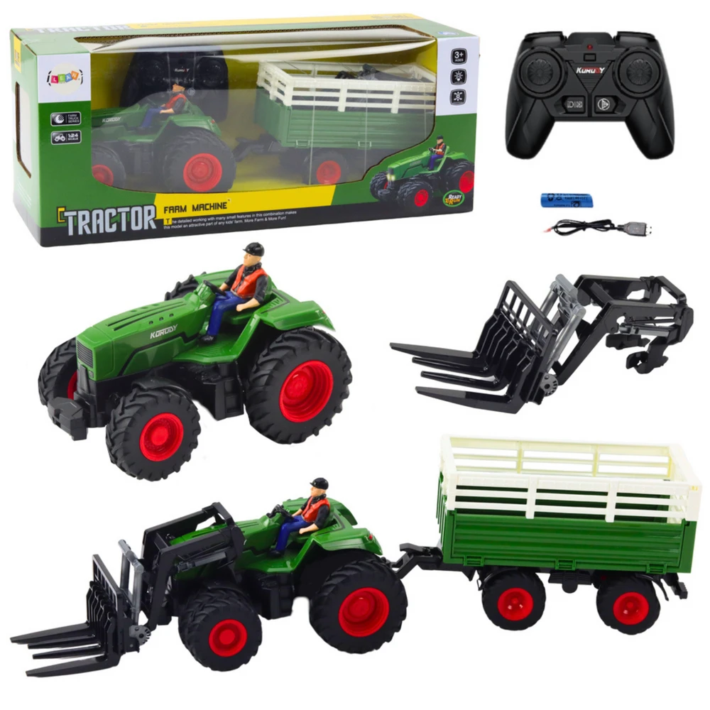 Lean Toys Nuotoliniu būdu valdomas traktorius su priekaba ir šakėmis