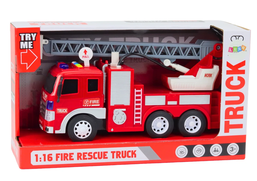 Lean Toys Gaisrinis automobilis su strėle 1:16, šviesos, garsai, vandens purkštuvas