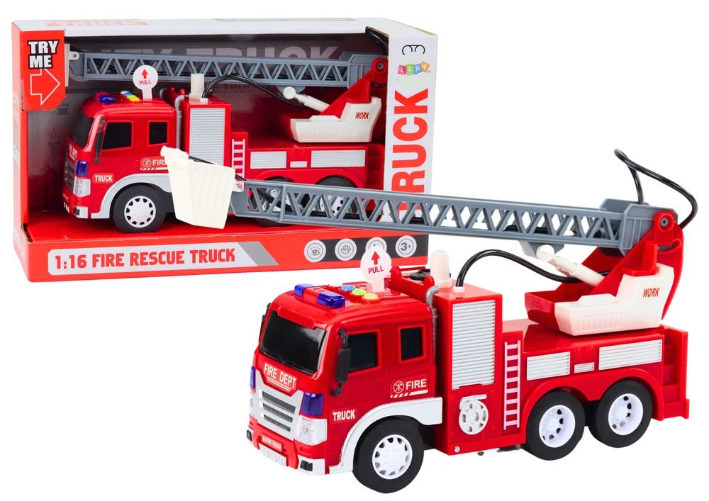 Lean Toys Gaisrinis automobilis su strėle 1:16, šviesos, garsai, vandens purkštuvas