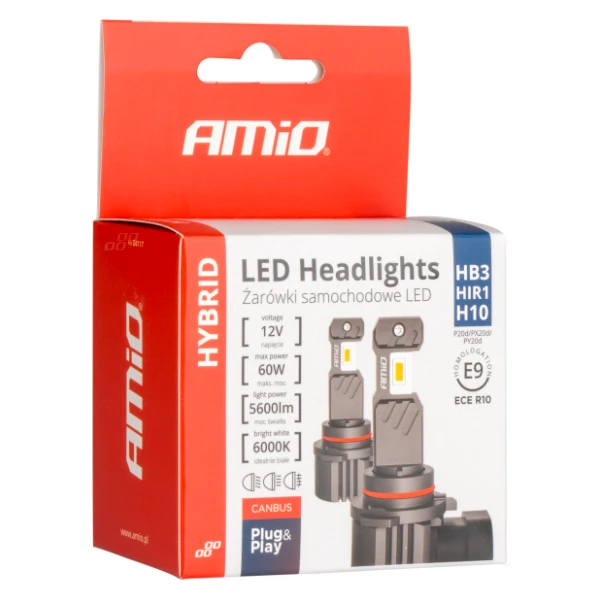 LED automobilių lemputės HYBRID serijos HB3 HIR1 H10 6000K Canbus 60W AMIO-04117, 2 vnt.