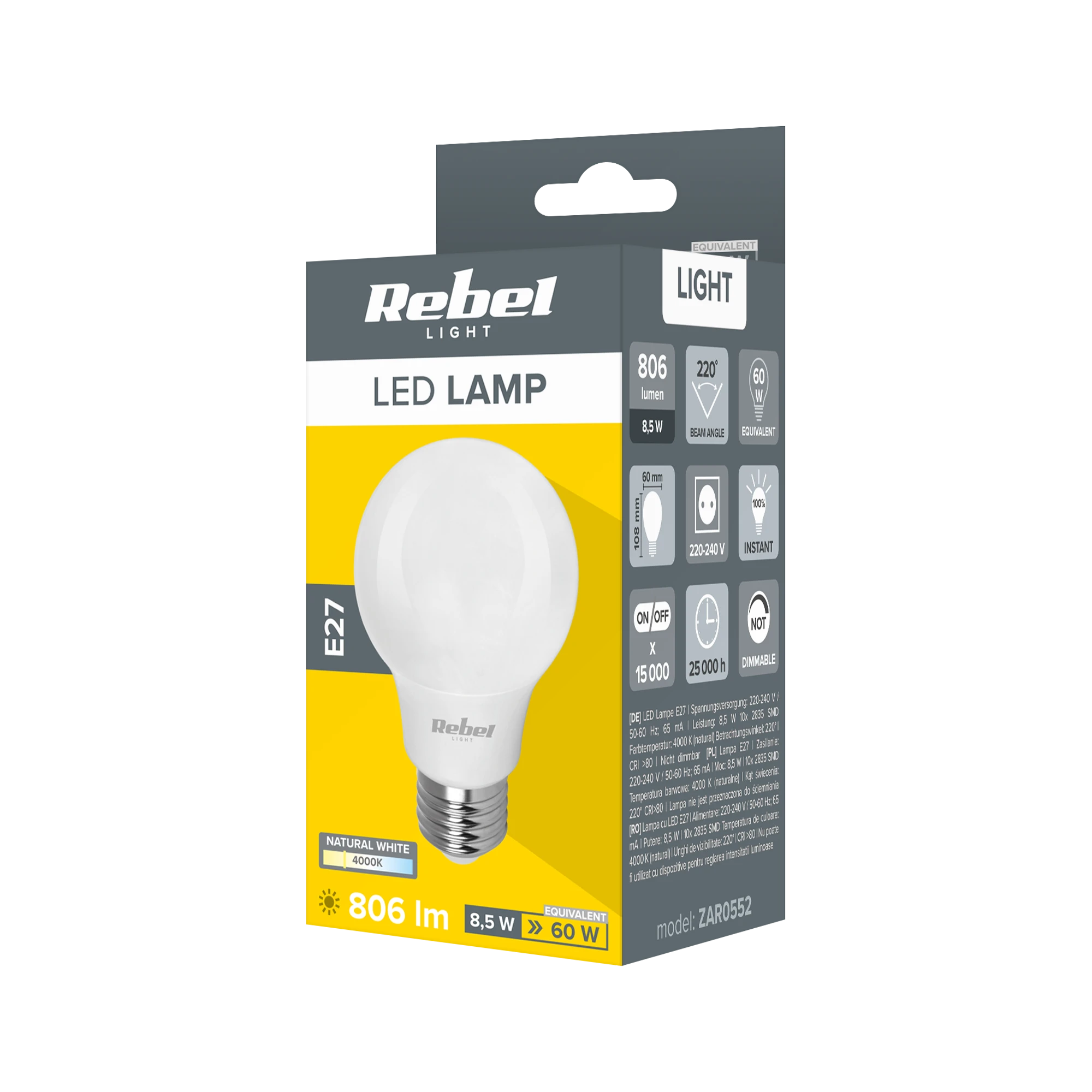 LED lempa Rebel A60 8.5W 4000K, 230V