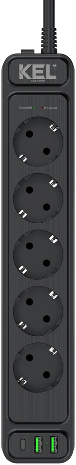 Listwa przepięciowa, 5 gniazd 2p+su oraz gniazdami 2xusb a, 1xusb c, 3m, schuko ; kel