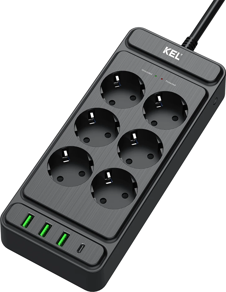 Listwa przepięciowa, 6 gniazd 2p+su oraz gniazdami usb a, usb c, 2m, schuko ; kel