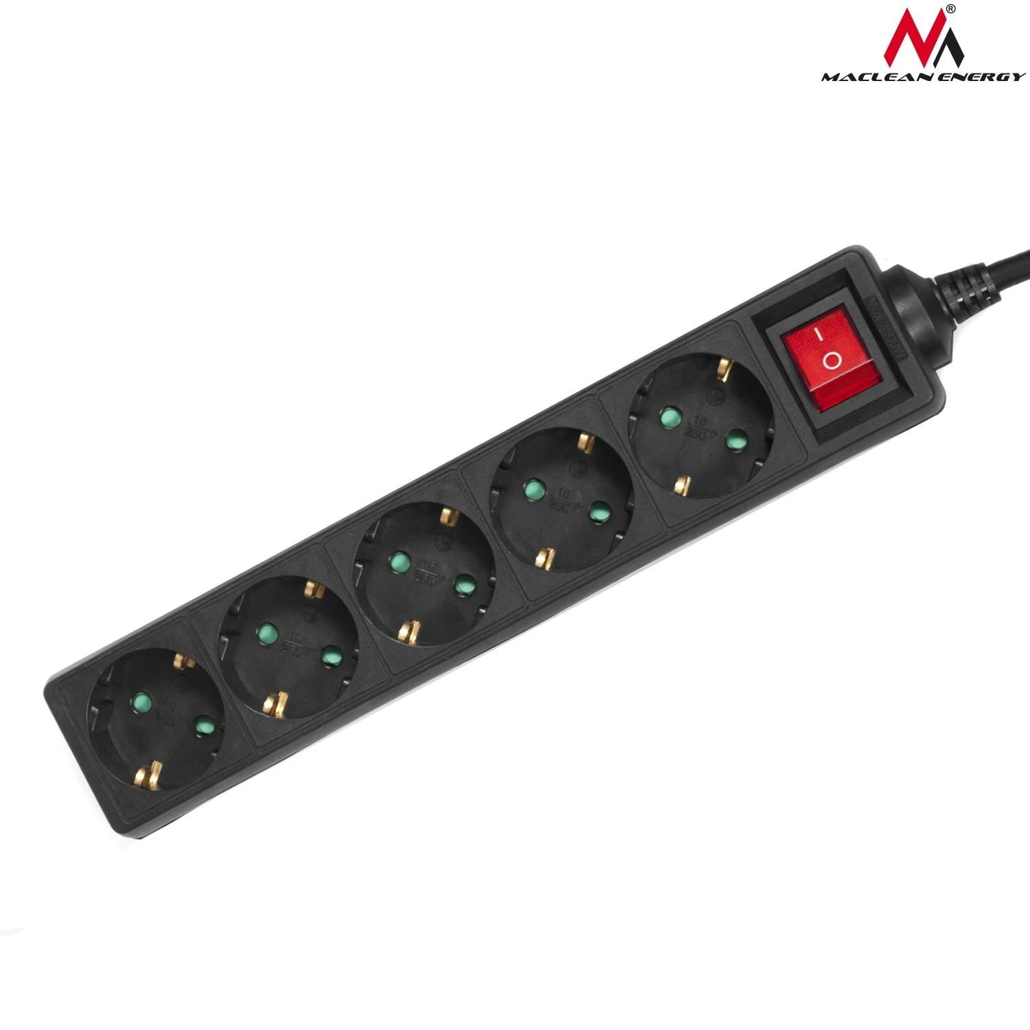 Listwa „Maclean“ ilgintuvas, 5 lizdų prailgintuvas, su jungikliu, juodas, vokiško tipo, 3500 W, 1,4 m, MCE226G