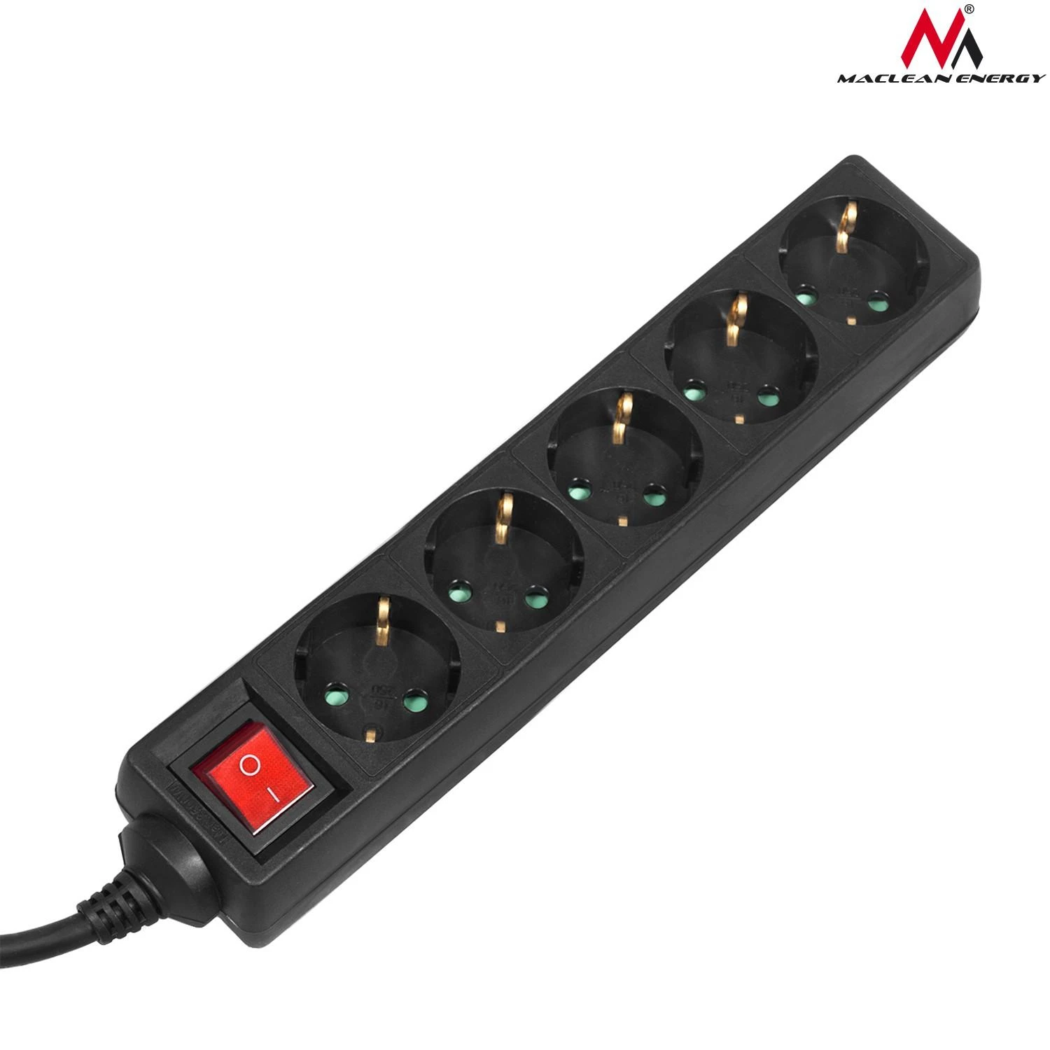 Listwa „Maclean“ ilgintuvas, 5 lizdų prailgintuvas, su jungikliu, juodas, vokiško tipo, 3500 W, 1,4 m, MCE226G