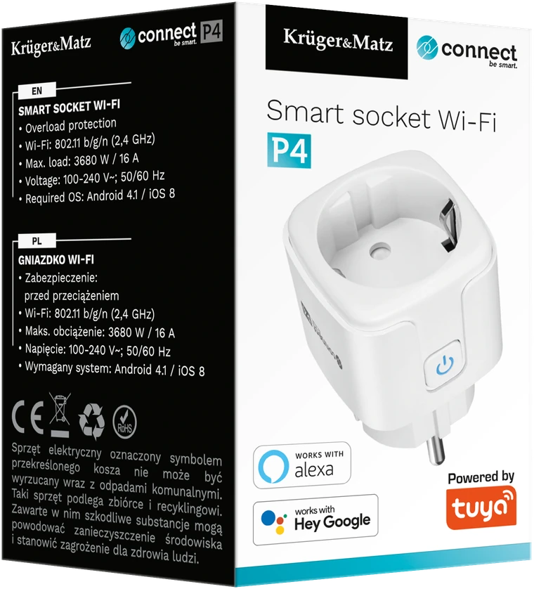 Kruger & Matz Connect P4 baltas Tuya WiFi lizdas