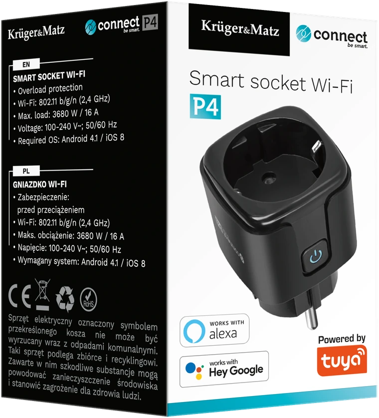 Kruger & Matz Connect P4 Juodas Tuya WiFi lizdas