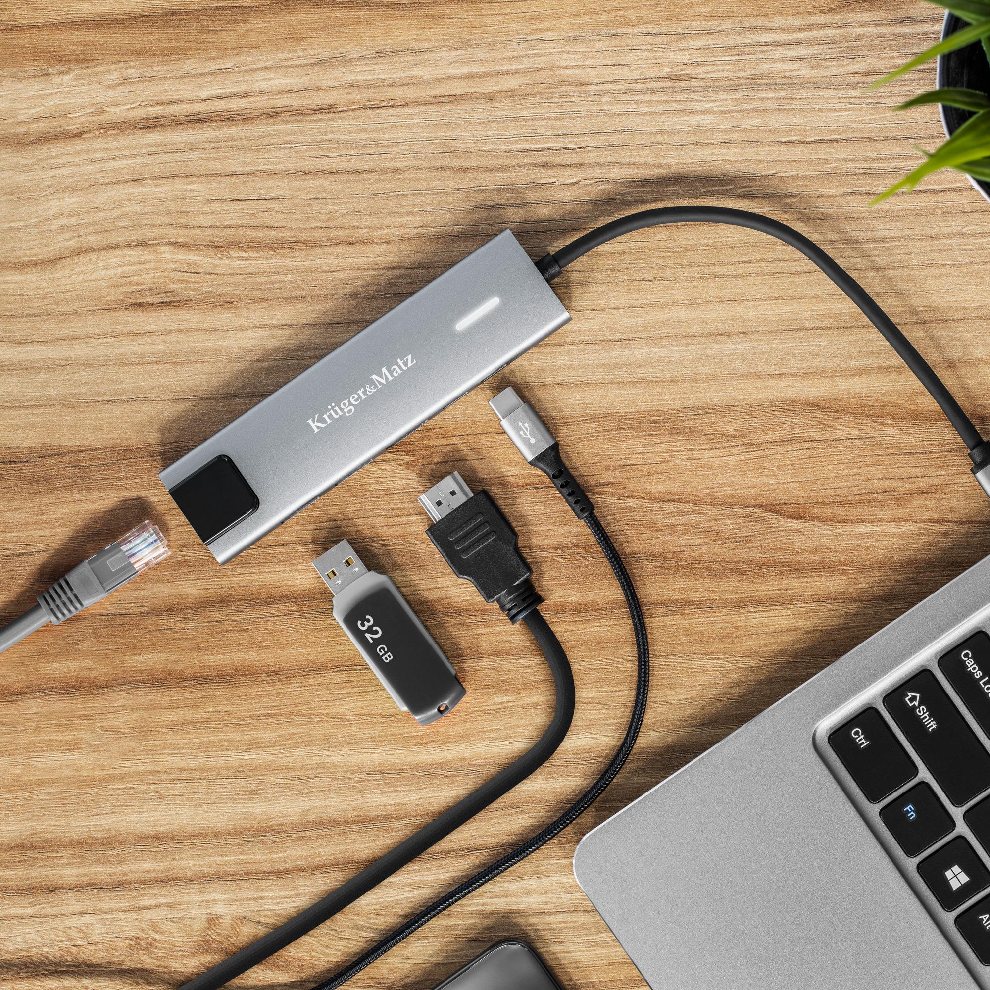 Kruger & Matz Šakotuvas HUB USB C HDMI 2x USB3.0 2x USB C RJ45
