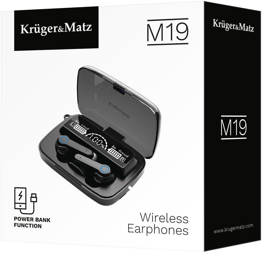 Kruger & Matz M19 belaidės į ausis įdedamos ausinės su maitinimo bloku