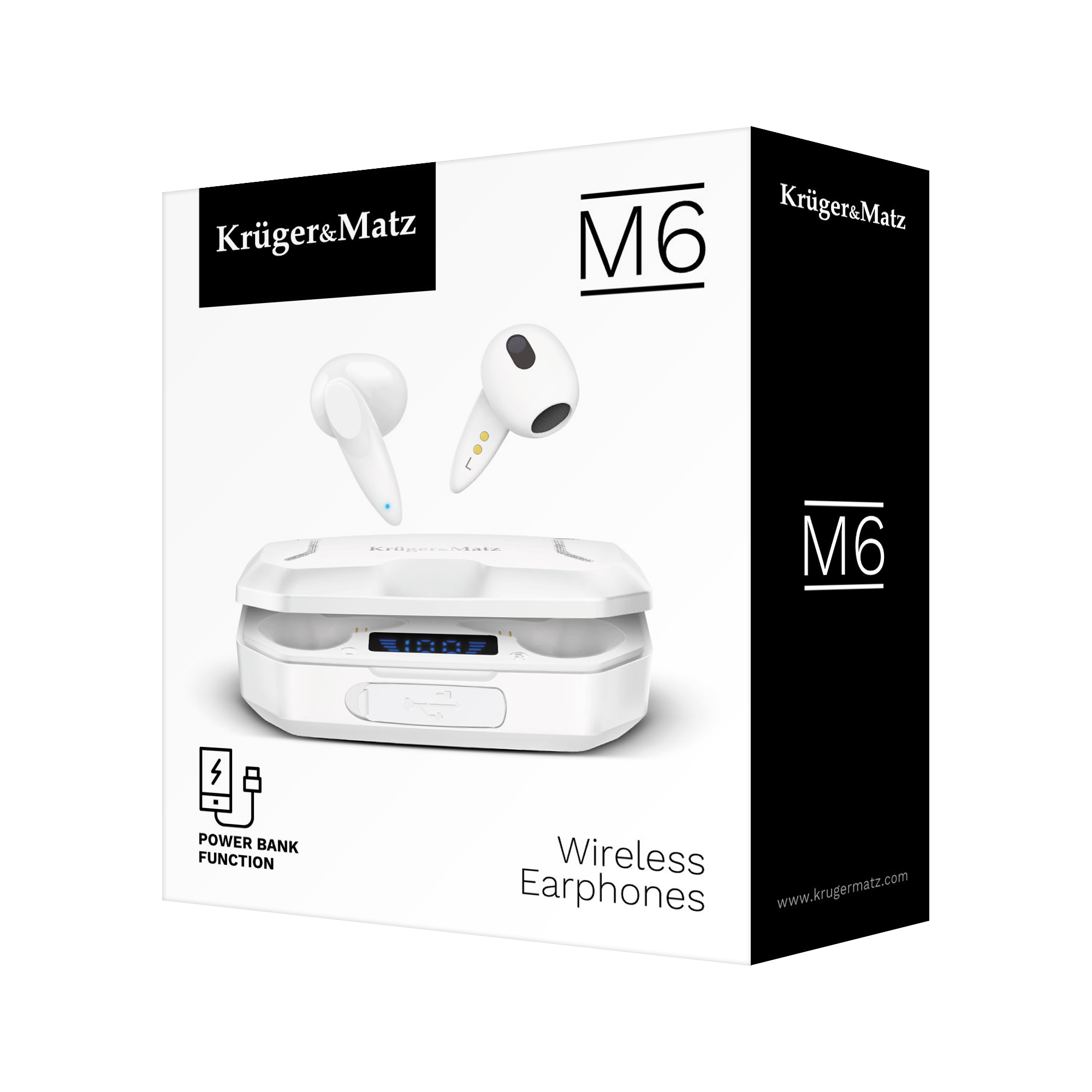 Kruger & Matz M6 belaidės ausinės su maitinimo bloku - balta spalva