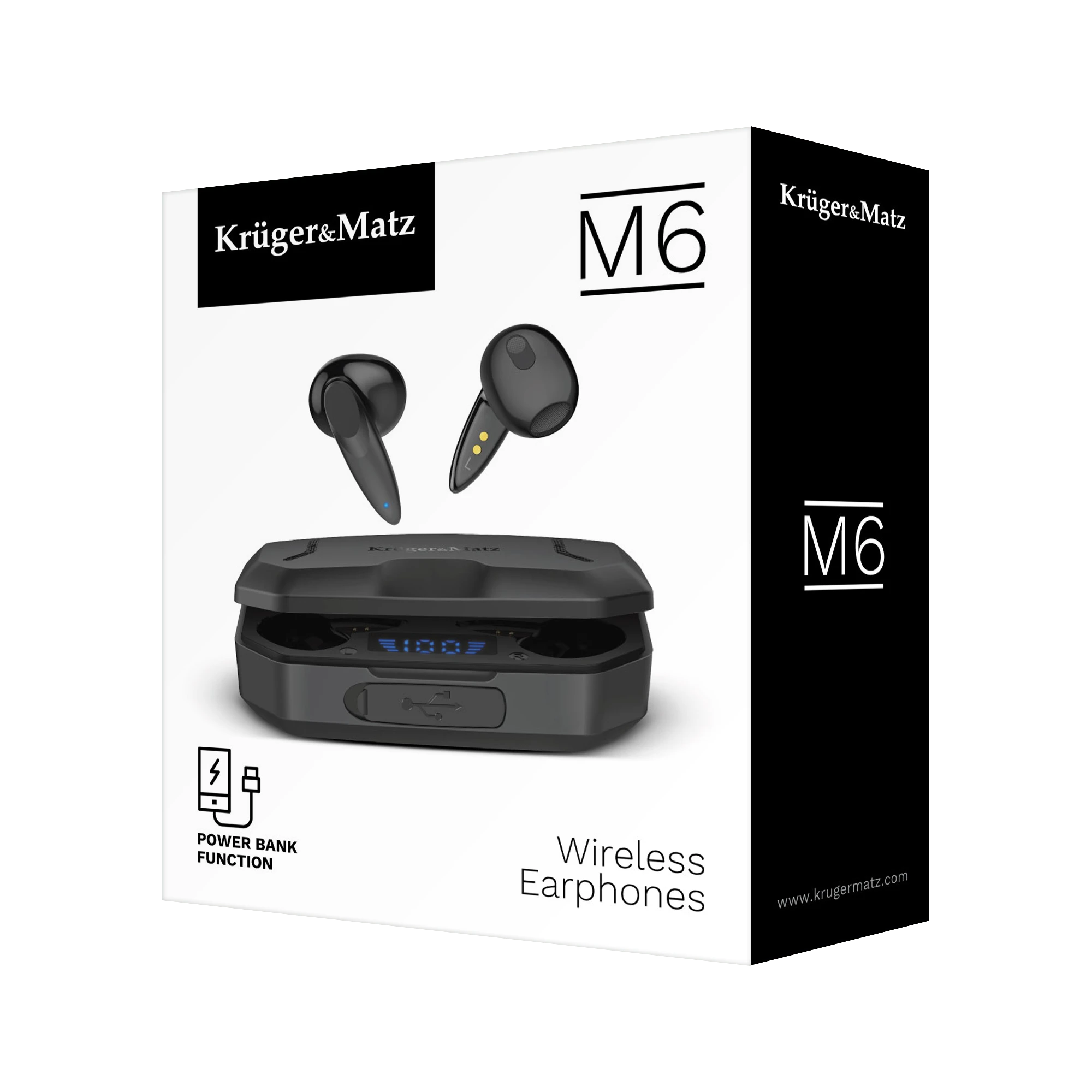 Kruger & Matz M6 belaidės ausinės su maitinimo bloku - juodos spalvos