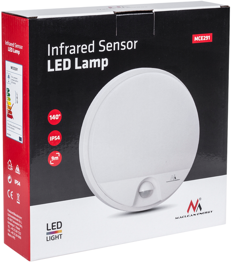 MACLEAN MCE291W LED lempa su infraraudonųjų spindulių judesio jutikliu, 15W IP54, baltos spalvos