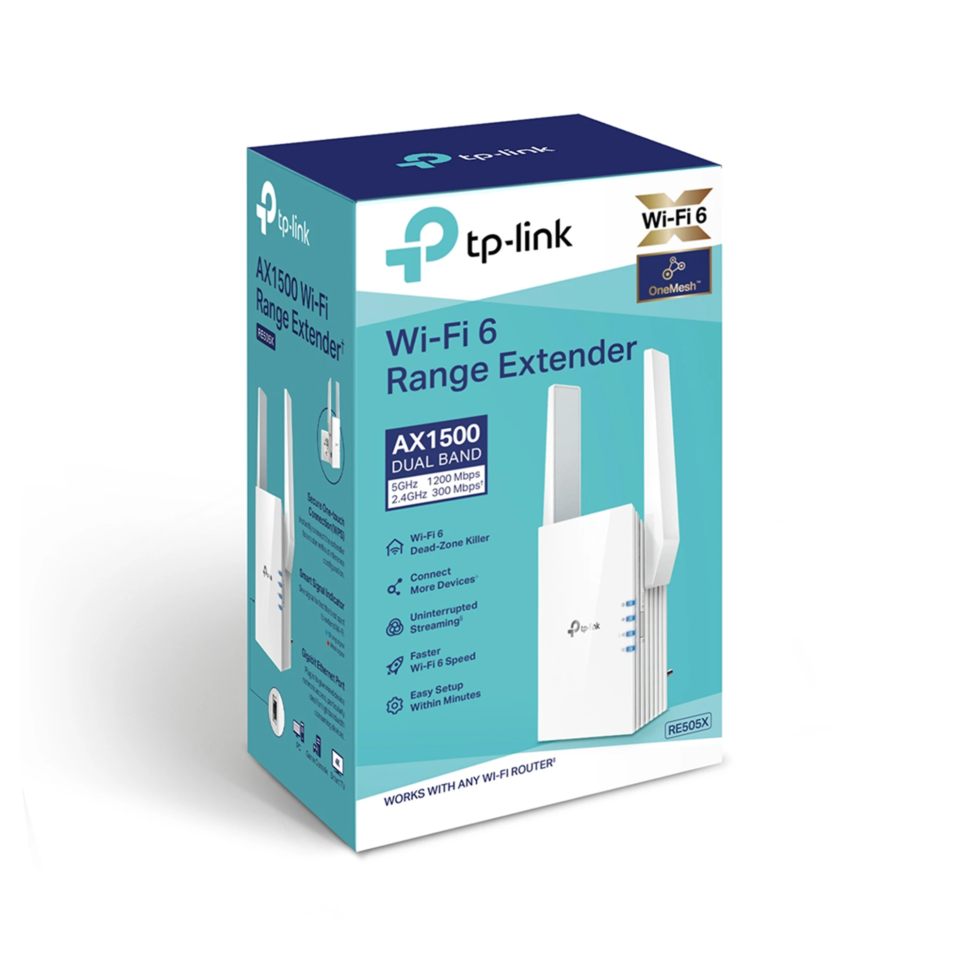 TP-LINK AX1500 „Wi-Fi 6“ diapazono plėtiklis „Broadcom 1.5GHz“ trijų branduolių procesorius, 2 išorinės antenos, jungiamas prie sienos.