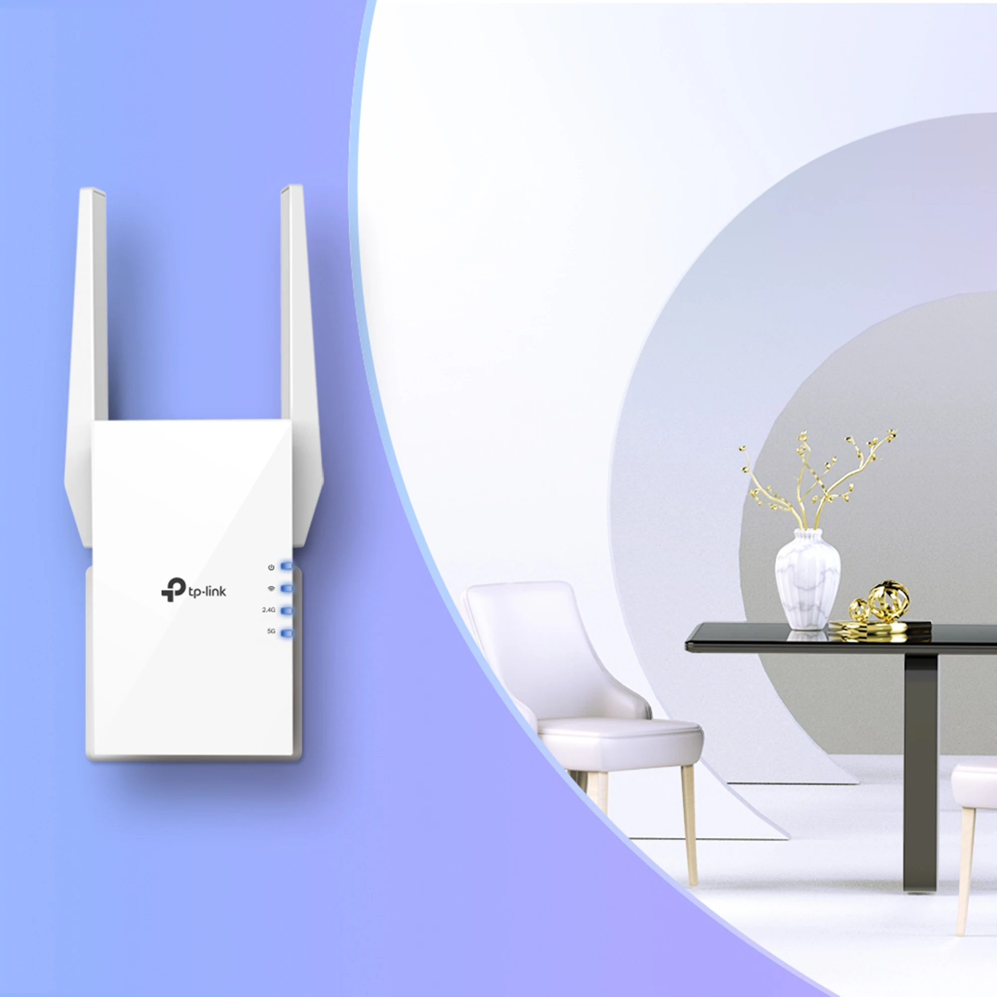 TP-LINK AX1500 „Wi-Fi 6“ diapazono plėtiklis „Broadcom 1.5GHz“ trijų branduolių procesorius, 2 išorinės antenos, jungiamas prie sienos.