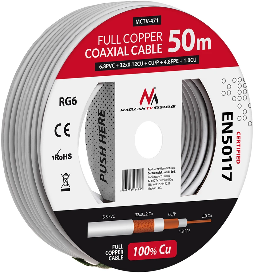 MACLEAN MCTV-471 Maclean MCTV-471 Kabelis bendraašis kabelis RG6 50M 1.02CU+4.8FPE+CU/P+32*0.12CU+6.8PVC