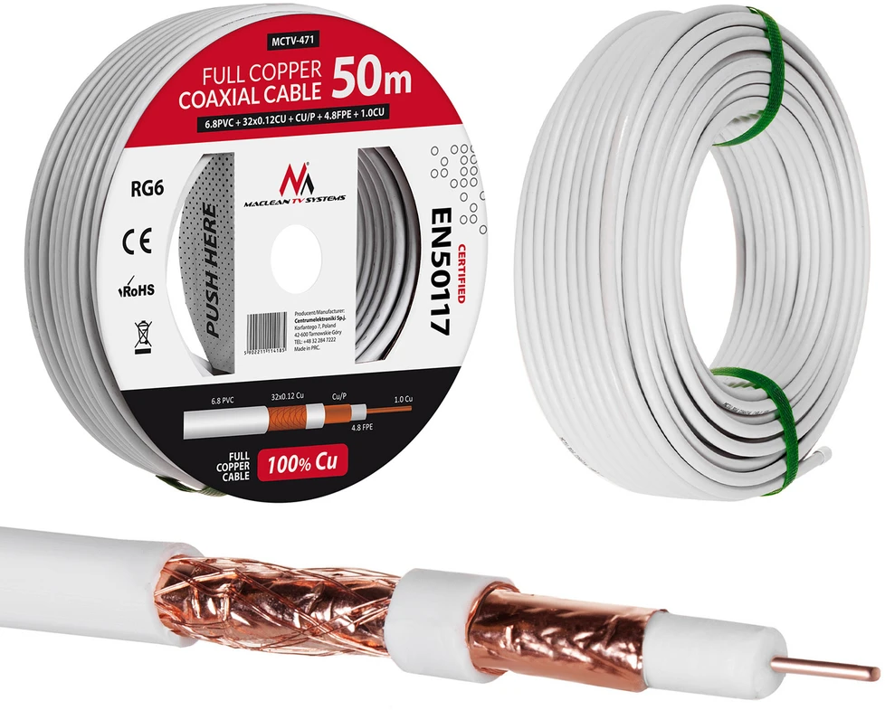 MACLEAN MCTV-471 Maclean MCTV-471 Kabelis bendraašis kabelis RG6 50M 1.02CU+4.8FPE+CU/P+32*0.12CU+6.8PVC