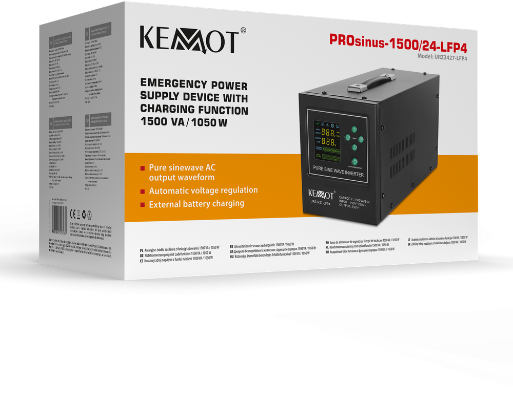 Maitinimo šaltinis avariniam režimui KEMOT PROsinus-1500/24-LFP4 inverteris su gryna sinusoidės signalu ir įkrovimo funkcija 24V 230V 1500VA/1050W