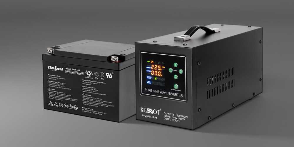 Maitinimo šaltinis avariniam režimui KEMOT PROsinus-1500/24-LFP4 inverteris su gryna sinusoidės signalu ir įkrovimo funkcija 24V 230V 1500VA/1050W