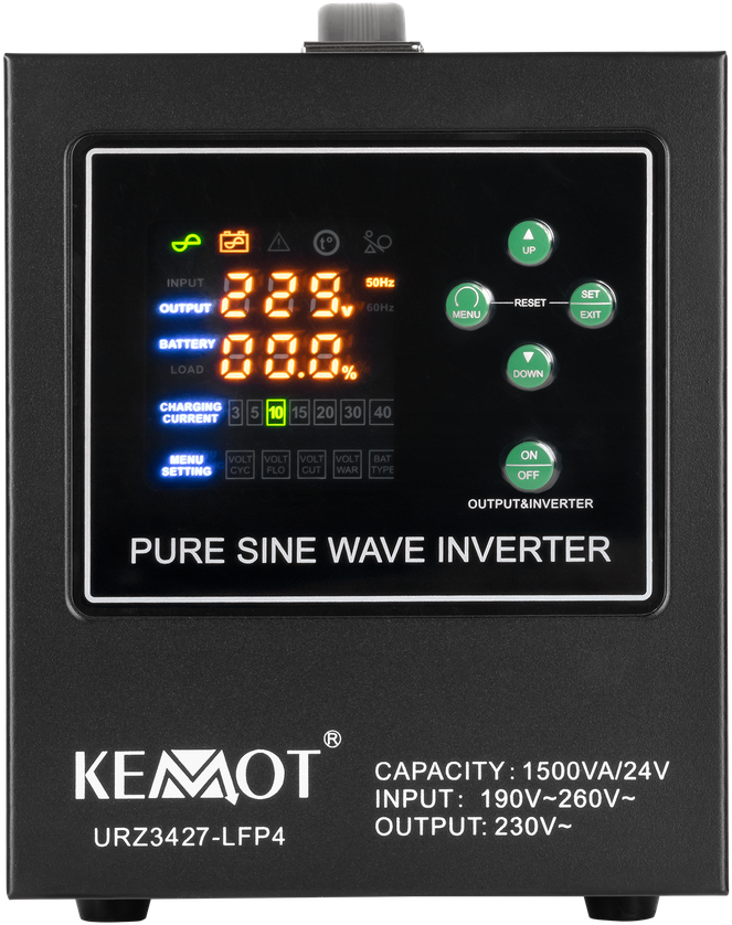 Maitinimo šaltinis avariniam režimui KEMOT PROsinus-1500/24-LFP4 inverteris su gryna sinusoidės signalu ir įkrovimo funkcija 24V 230V 1500VA/1050W
