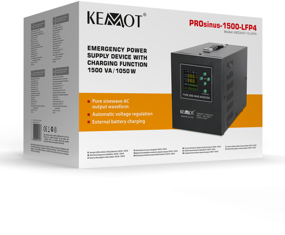 Maitinimo šaltinis KEMOT PROsinus-1500-LFP4 avarinis maitinimo šaltinis, grynos sinusinės bangos keitiklis su įkrovimo funkcija 12V 230V 1500VA/1050W