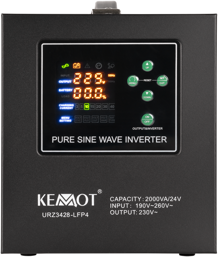 KEMOT PROsinus-2000/24-LFP4 avarinio maitinimo keitiklis su gryna sinusine banga ir įkrovimo funkcija 24V 230V 2000VA/1400W