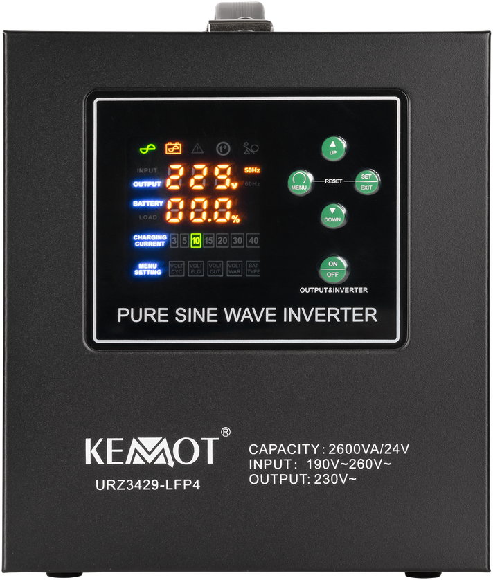 Maitinimo šaltinis avariniam režimui KEMOT PROsinus-2600/24-LFP4 inverteris su gryna sinusoidės signalu ir įkrovimo funkcija 24V 230V 2600VA/1800W