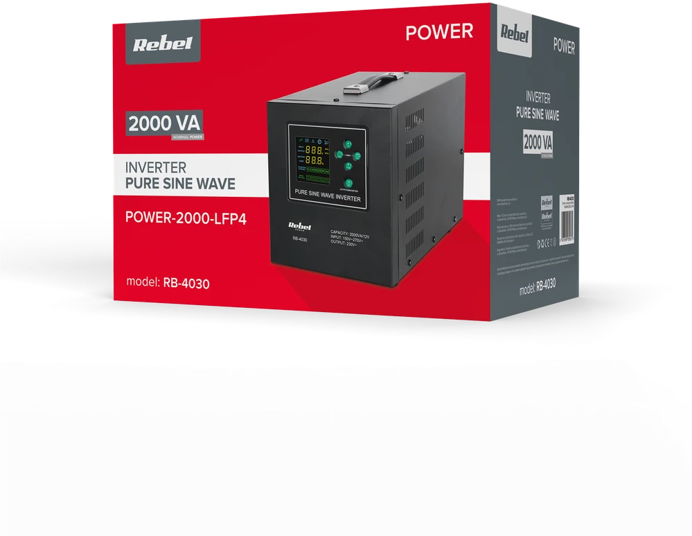Rebel POWER-2000-LFP4 nepertraukiamo maitinimo šaltinis (UPS) – grynos sinusinės bangos keitiklis su įkrovimo funkcija 12 V 230 V 2000 VA / 1200 W