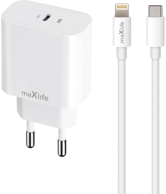 Maxlife MXTC-06-20C PD QC įkroviklis 1x USB-C 20W baltos spalvos + USB-C - Lightning kabelis 20W