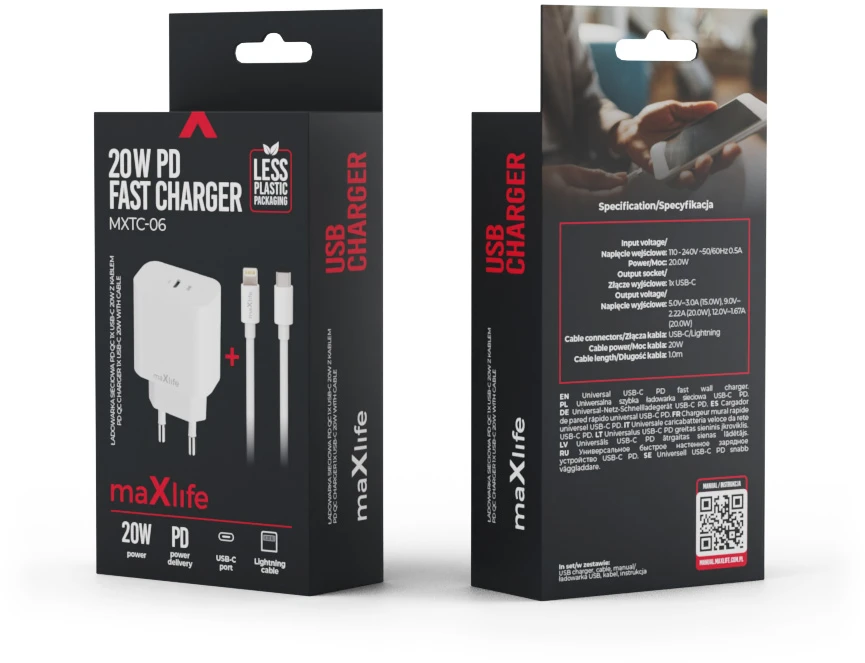 Maxlife MXTC-06-20C PD QC įkroviklis 1x USB-C 20W baltos spalvos + USB-C - Lightning kabelis 20W