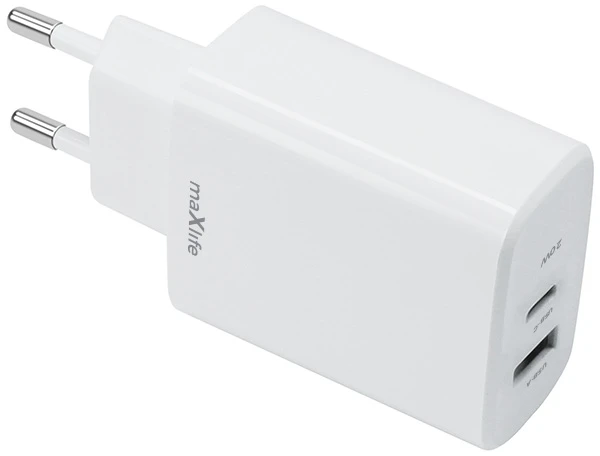Maxlife MXTC-10-20AC PD QC įkroviklis 1x USB-C 1x USB 20W baltas