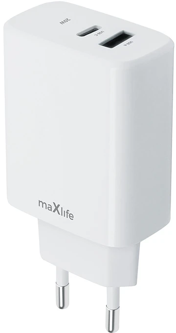 Maxlife MXTC-10-20AC PD QC įkroviklis 1x USB-C 1x USB 20W baltas