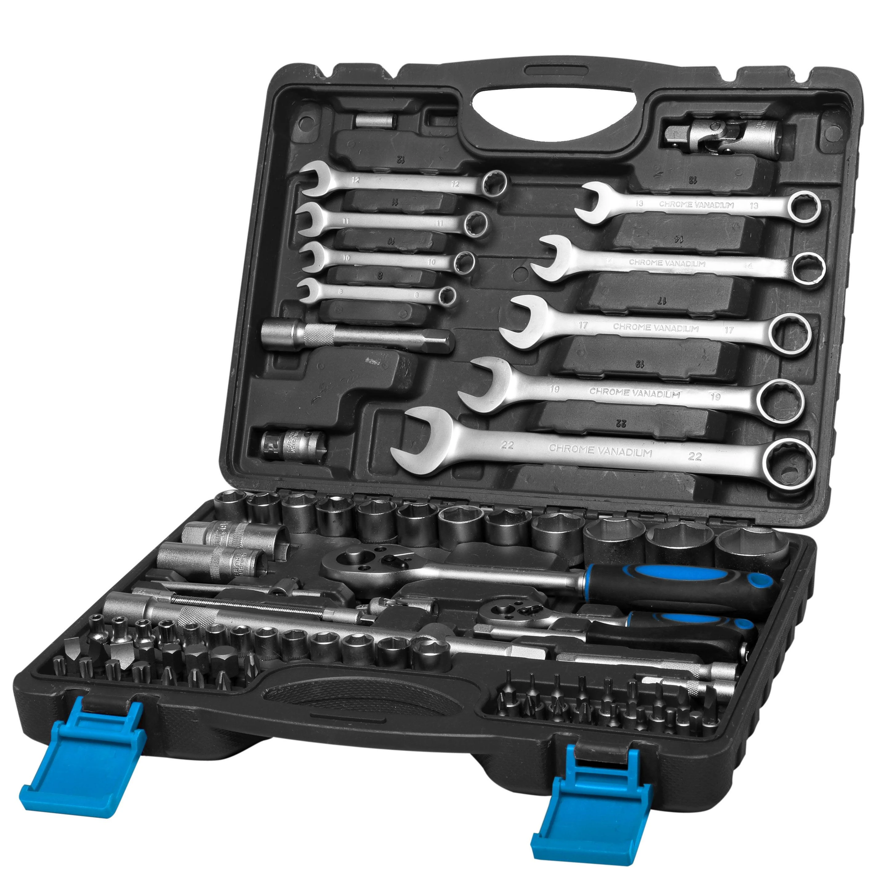 Mega Rinkinys 82 galvučių rinkinys 1/2", 1/4", 4-32 mm su plokščiu raktu 8-22 mm