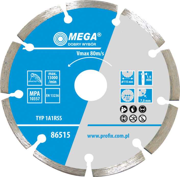 Mega Tarcza Segmentuotas deimantinis diskas (kiet. pumpuras) 115 * 1,9 * 6,8 * 22,2
